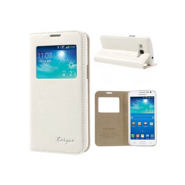 CUSTODIA FLIP ORIZZONTALE PELLE per SAMSUNG G3812 GALAXY WIN PRO CON FINESTRA ID, STAND E TASCHE PORTA CARTE COLORE BIANCO