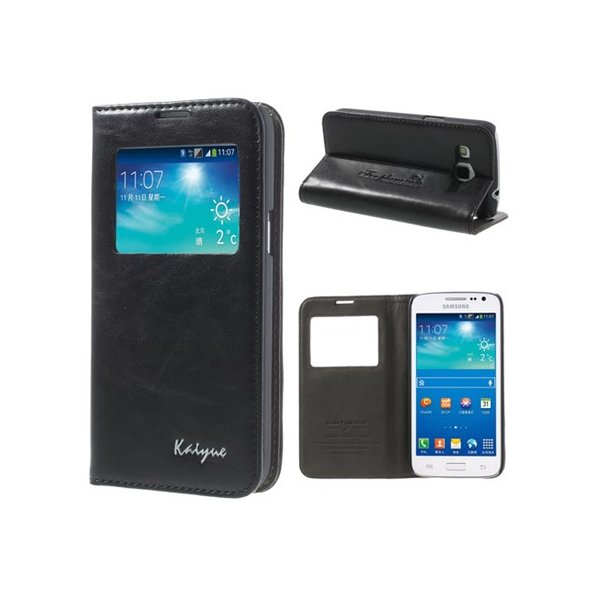 CUSTODIA FLIP ORIZZONTALE PELLE per SAMSUNG G3812 GALAXY WIN PRO CON FINESTRA ID, STAND E TASCHE PORTA CARTE COLORE NERO