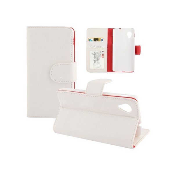 CUSTODIA per LG NEXUS 5 (D820) ORIZZONTALE SIMILPELLE RUVIDA CON STAND E TASCHE PORTA CARTE COLORE BIANCO CON INTERNO ROSSO