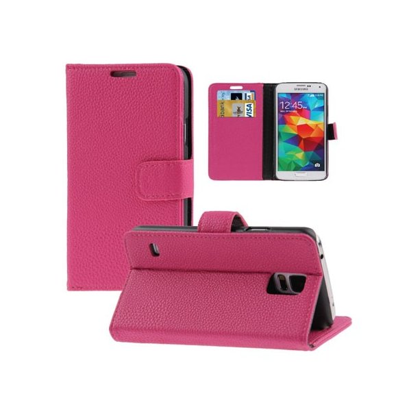 CUSTODIA FLIP ORIZZONTALE SIMILPELLE RUVIDA per SAMSUNG G900 GALAXY S5, S5 NEO G903F CON STAND E PORTA CARTE COLORE FUCSIA