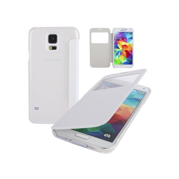 CUSTODIA FLIP ORIZZONTALE SIMILPELLE per SAMSUNG GALAXY S5, S5 NEO CON PARTE POSTERIORE RIGIDA BIANCO TRASPARENTE