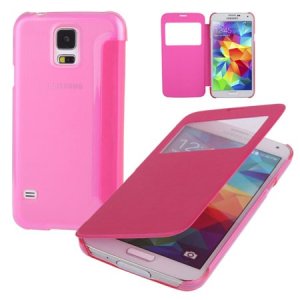 CUSTODIA FLIP ORIZZONTALE SIMILPELLE per SAMSUNG GALAXY S5, S5 NEO CON PARTE POSTERIORE RIGIDA TRASPARENTE ROSA