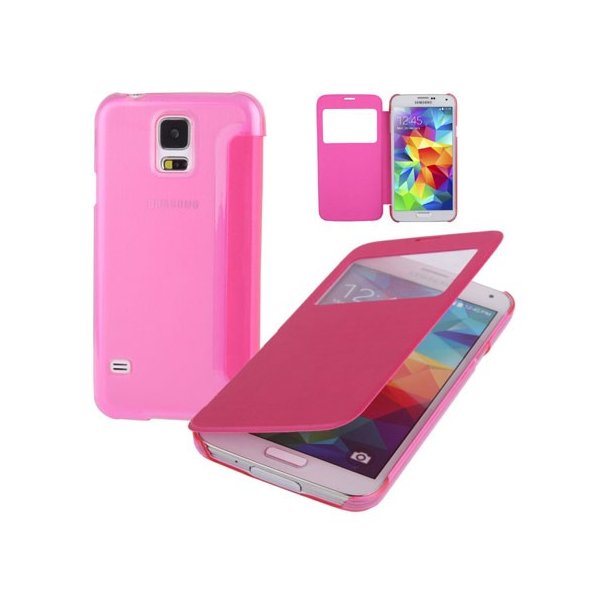 CUSTODIA FLIP ORIZZONTALE SIMILPELLE per SAMSUNG GALAXY S5, S5 NEO CON PARTE POSTERIORE RIGIDA TRASPARENTE ROSA