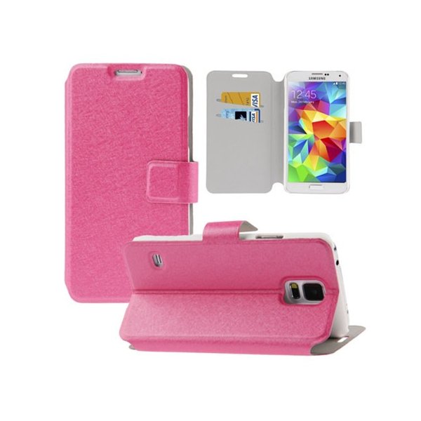 CUSTODIA FLIP ORIZZONTALE per SAMSUNG G900F GALAXY S5, GALAXY S5 NEO G903F CON STAND E PORTA CARTE COLORE FUCSIA EFFETTO CROSS