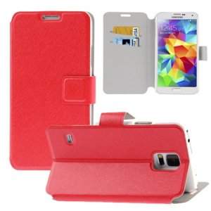 CUSTODIA FLIP ORIZZONTALE per SAMSUNG G900F GALAXY S5, GALAXY S5 NEO G903F CON STAND E PORTA CARTE COLORE ROSSO EFFETTO CROSS