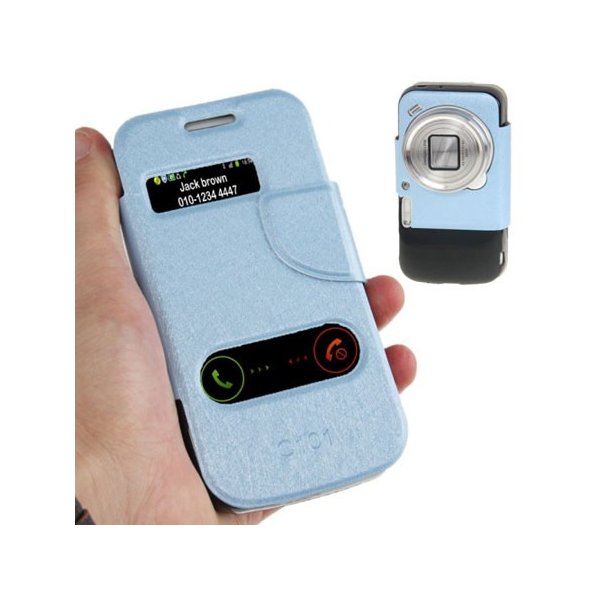 CUSTODIA FLIP ORIZZONTALE per SAMSUNG C1010 GALAXY S4 ZOOM, C101 CON DOPPIA FINESTRA IDENTIFICATIVO CHIAMANTE COLORE AZZURRO