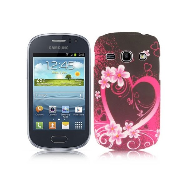 CUSTODIA BACK RIGIDA per SAMSUNG S6810 GALAXY FAME, S6812 GALAXY FAME DUOS FANTASIA FIORI E CUORE VIOLA SU SFONDO NERO