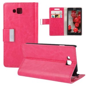 CUSTODIA FLIP ORIZZONTALE BOOK SLIM per LG OPTIMUS L9 II, D605 CON STAND E TASCHE PORTA CARTE COLORE FUCSIA