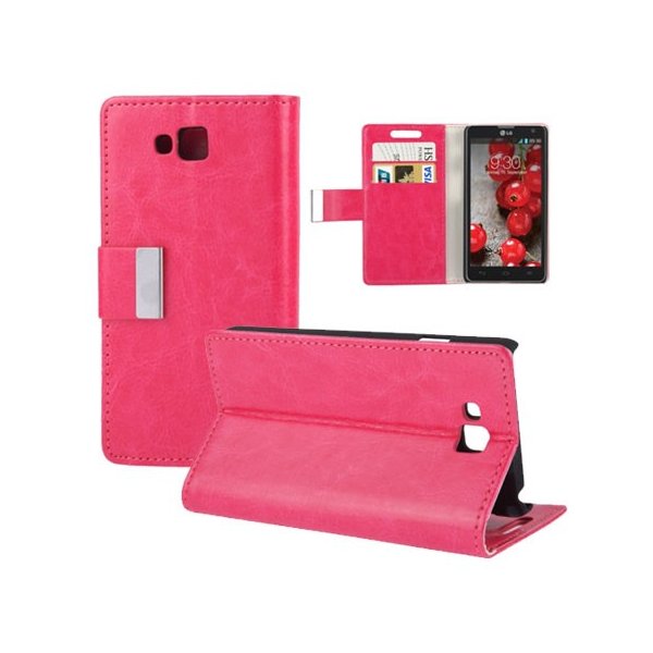 CUSTODIA FLIP ORIZZONTALE BOOK SLIM per LG OPTIMUS L9 II, D605 CON STAND E TASCHE PORTA CARTE COLORE FUCSIA