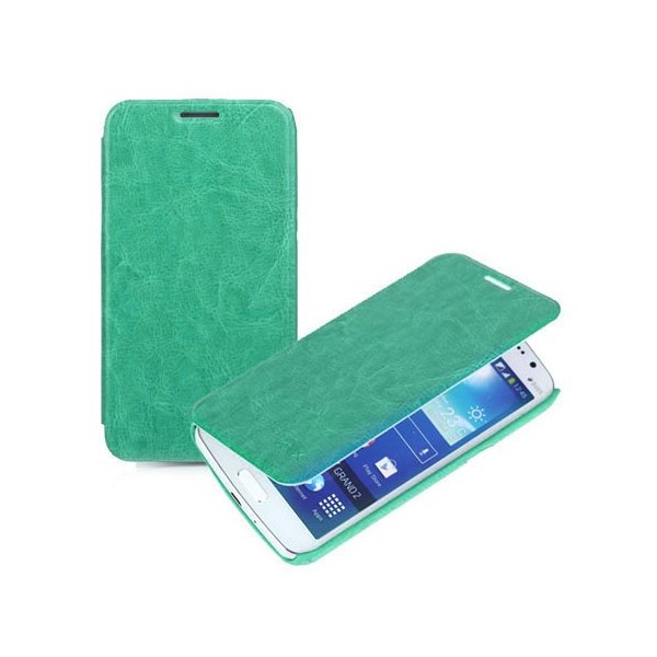 CUSTODIA FLIP ORIZZONTALE PELLE per SAMSUNG G7106 GALAXY GRAND 2, G7100, G7102, G7105 CON PORTA CARTE VERDE ACQUA BLISTER ENLAND