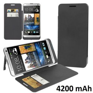 BATTERIA ESTERNA CON FLIP COVER INTEGRATA,STAND e TASCHE PORTA CARTE per HTC ONE MAX 4200 mAh COLORE NERO