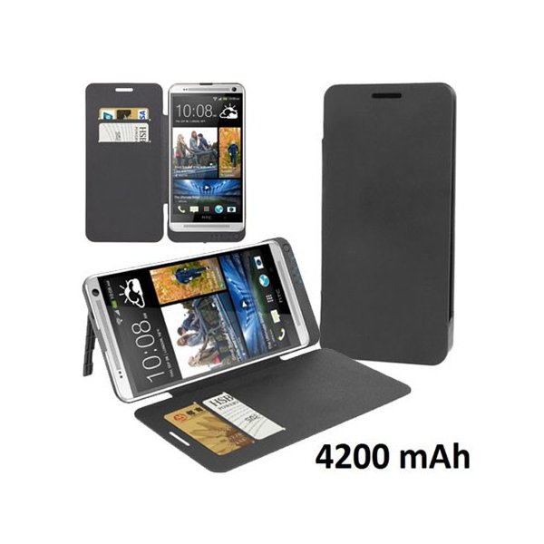 BATTERIA ESTERNA CON FLIP COVER INTEGRATA,STAND e TASCHE PORTA CARTE per HTC ONE MAX 4200 mAh COLORE NERO