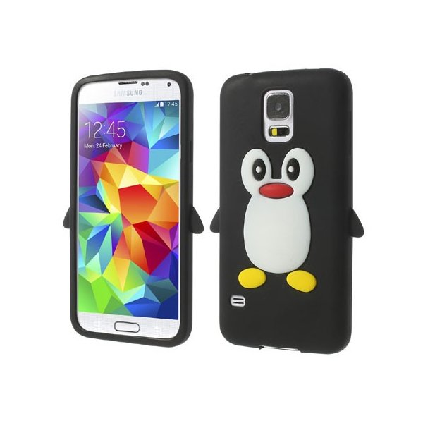 CUSTODIA GEL TPU SILICONE per SAMSUNG G900F GALAXY S5, GALAXY S5 NEO G903F, GALAXY S5 PLUS FANTASIA PINGUINO COLORE NERO