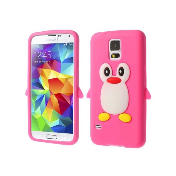 CUSTODIA GEL TPU SILICONE per SAMSUNG G900F GALAXY S5, GALAXY S5 NEO G903F, GALAXY S5 PLUS FANTASIA PINGUINO COLORE FUCSIA