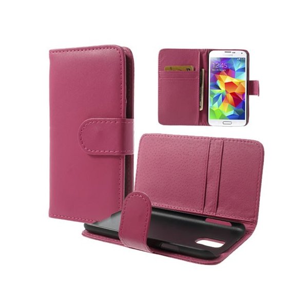 CUSTODIA FLIP ORIZZONTALE SIMILPELLE per SAMSUNG G900F GALAXY S5, GALAXY S5 NEO G903F CON TASCHE PORTA CARTE COLORE FUCSIA