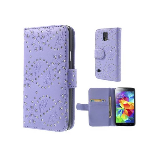 CUSTODIA FLIP ORIZZONTALE SIMILPELLE per SAMSUNG G900 GALAXY S5, S5 NEO CON PORTA CARTE FANTASIA FIORI CON STRASS VIOLA