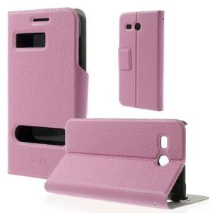 CUSTODIA FLIP ORIZZONTALE SLIM per HUAWEI ASCEND Y511 CON DOPPIA FINESTRA ID E STAND COLORE ROSA