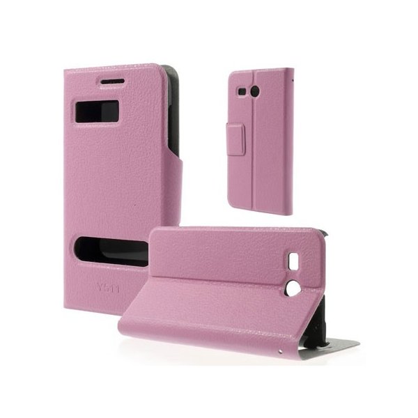 CUSTODIA FLIP ORIZZONTALE SLIM per HUAWEI ASCEND Y511 CON DOPPIA FINESTRA ID E STAND COLORE ROSA