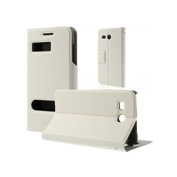 CUSTODIA FLIP ORIZZONTALE SLIM per HUAWEI ASCEND Y511 CON DOPPIA FINESTRA ID E STAND COLORE BIANCO