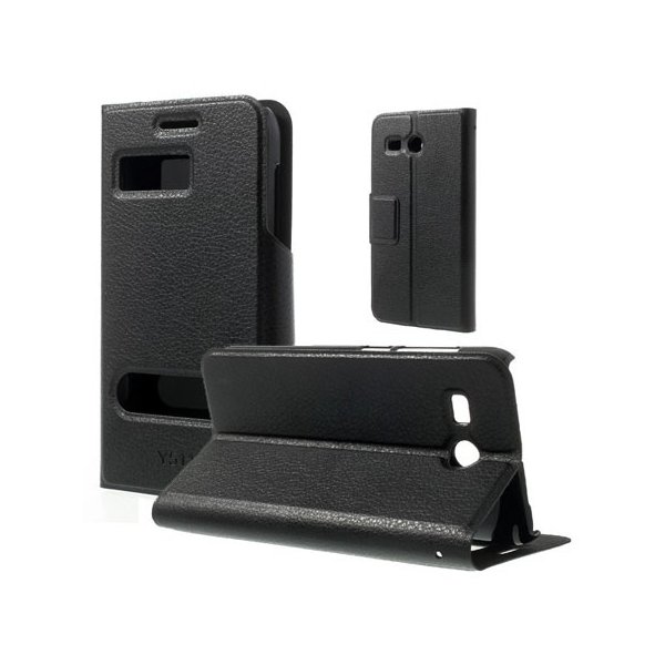 CUSTODIA FLIP ORIZZONTALE SLIM per HUAWEI ASCEND Y511 CON DOPPIA FINESTRA ID E STAND COLORE NERO