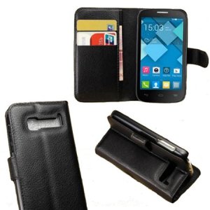 CUSTODIA FLIP ORIZZONTALE PELLE per ALCATEL ONE TOUCH POP C5 CON STAND E TASCHE PORTA CARTE COLORE NERO