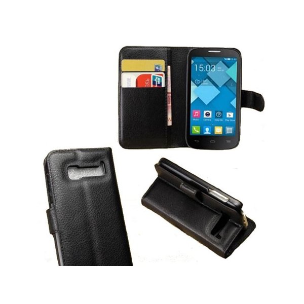 CUSTODIA FLIP ORIZZONTALE PELLE per ALCATEL ONE TOUCH POP C5 CON STAND E TASCHE PORTA CARTE COLORE NERO