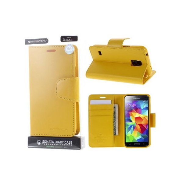 CUSTODIA FLIP ORIZZONTALE PELLE per SAMSUNG G900 GALAXY S5, S5 NEO CON INTERNO IN TPU SILICONE E STAND GIALLO SONATA BLISTER