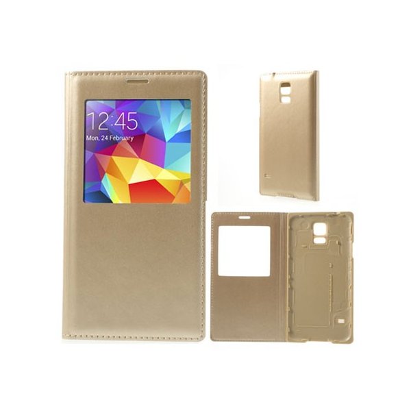 CUSTODIA FLIP COVER ORIZZONTALE SIMILPELLE per SAMSUNG G900F GALAXY S5, GALAXY S5 NEO G903F, S5 PLUS CON FINESTRA ID COLORE ORO