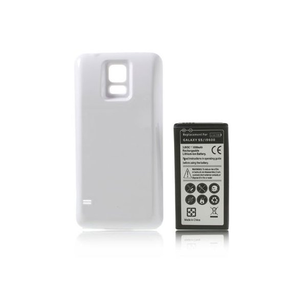 BATTERIA 6500 mAh + COVER COLORE BIANCO per SAMSUNG G900 GALAXY S5, I9600