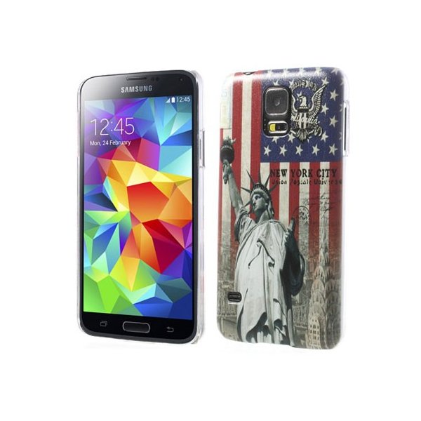 CUSTODIA BACK RIGIDA per SAMSUNG G900F GALAXY S5, GALAXY S5 NEO G903F, GALAXY S5 PLUS FANTASIA USA CON STATUA DELLA LIBERTA'