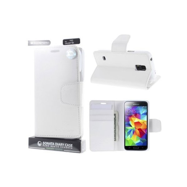 CUSTODIA FLIP ORIZZONTALE PELLE per SAMSUNG GALAXY S5, S5 NEO CON INTERNO IN TPU SILICONE E STAND BIANCO SONATA BLISTER