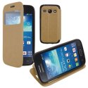 CUSTODIA FLIP ORIZZONTALE PELLE per SAMSUNG G3500 GALAXY CORE PLUS, G3502 GALAXY TREND 3 CON FINESTRA ID E INTERNO IN TPU ORO