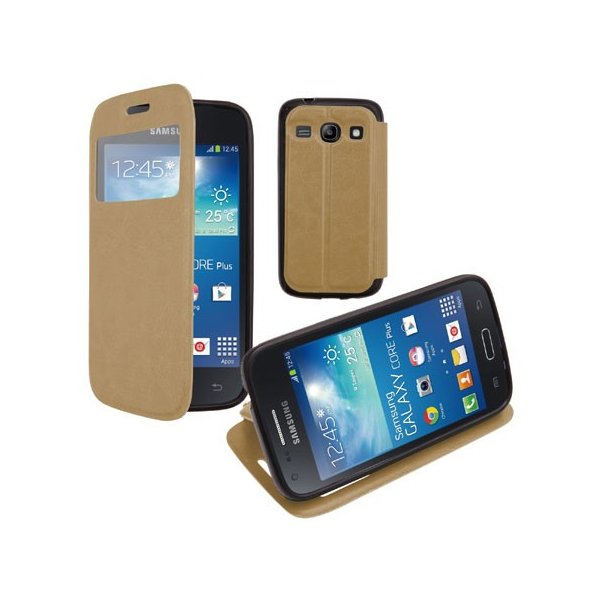 CUSTODIA FLIP ORIZZONTALE PELLE per SAMSUNG G3500 GALAXY CORE PLUS, G3502 GALAXY TREND 3 CON FINESTRA ID E INTERNO IN TPU ORO