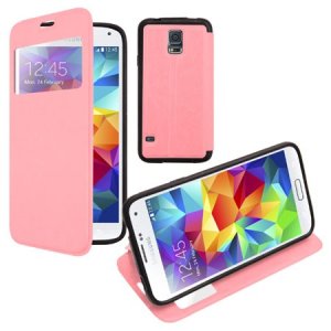 CUSTODIA FLIP ORIZZONTALE SIMILPELLE per SAMSUNG G900 GALAXY S5, S5 NEO CON STAND, FINESTRA ID ED INTERNO IN TPU COLORE ROSA