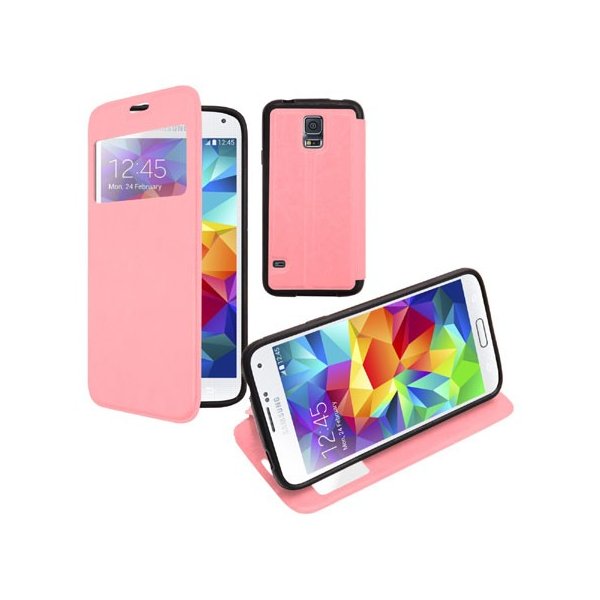 CUSTODIA FLIP ORIZZONTALE SIMILPELLE per SAMSUNG G900 GALAXY S5, S5 NEO CON STAND, FINESTRA ID ED INTERNO IN TPU COLORE ROSA