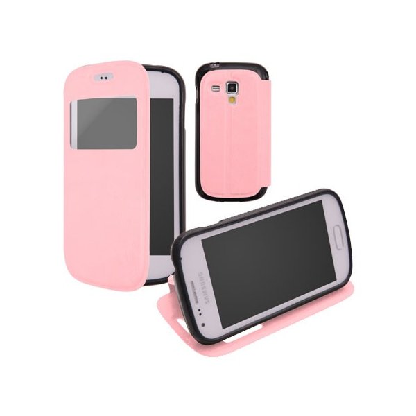 CUSTODIA FLIP ORIZZONTALE PELLE per SAMSUNG S7562 GALAXY S DUOS, S7560 GALAXY TREND, S7580 CON FINESTRA ID E INTERNO IN TPU ROSA