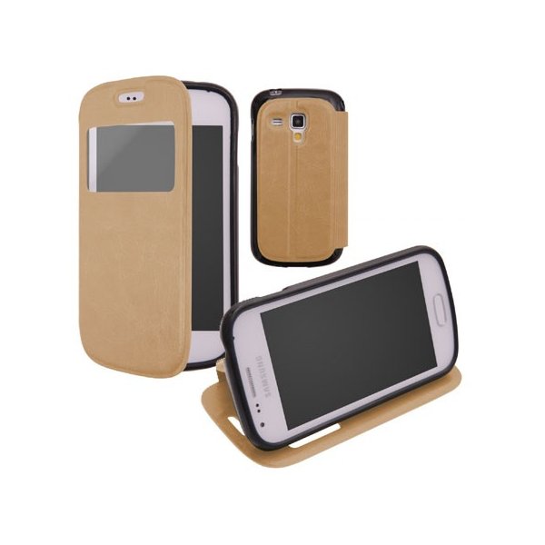 CUSTODIA FLIP ORIZZONTALE PELLE per SAMSUNG S7562 GALAXY S DUOS, S7560 GALAXY TREND, S7580 CON FINESTRA ID E INTERNO IN TPU ORO