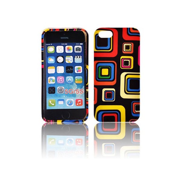 CUSTODIA GEL TPU SILICONE per APPLE IPHONE 5, 5S FANTASIA QUADRI COLORATI SU SFONDO NERO