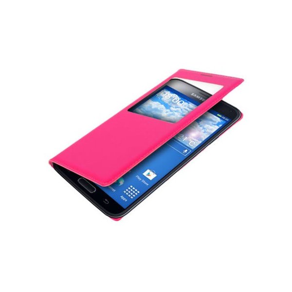 CUSTODIA FLIP COVER ORIZZONTALE per SAMSUNG G900F GALAXY S5, GALAXY S5 NEO G903F CON FINESTRA ID COLORE ROSA