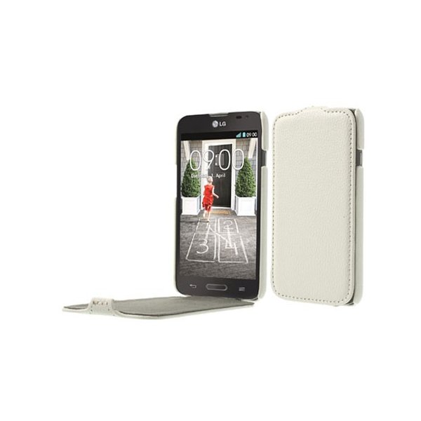 CUSTODIA FLIP VERTICALE ULTRA SLIM PELLE per LG L70 D320N, L70 DUAL SIM D325 COLORE BIANCO