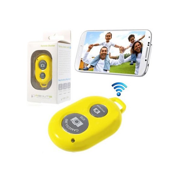 TELECOMANDO BLUETOOTH AUTOSCATTO FOTOCAMERA PER ANDROID E IOS FINO A 10MT COLORE GIALLO SEGUE COMPATIBILITA'...