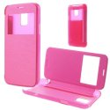 CUSTODIA FLIP ORIZZONTALE PELLE per SAMSUNG G800 GALAXY S5 MINI CON FINESTRA ID E PARTE POSTERIORE RIGIDA TRASPARENTE ROSA