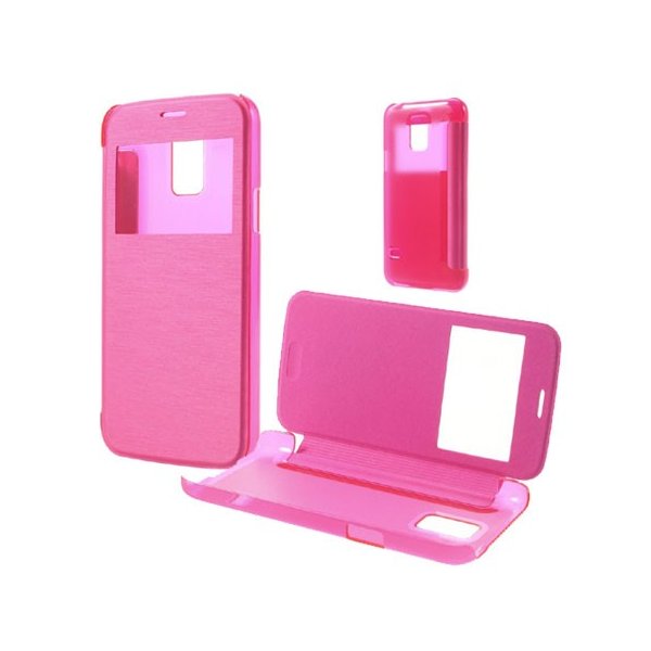 CUSTODIA FLIP ORIZZONTALE PELLE per SAMSUNG G800 GALAXY S5 MINI CON FINESTRA ID E PARTE POSTERIORE RIGIDA TRASPARENTE ROSA