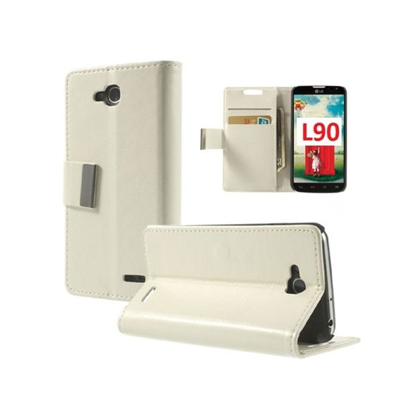 CUSTODIA FLIP ORIZZONTALE SIMILPELLE per LG L90 DUAL D410 CON STAND E TASCHE PORTA CARTE COLORE BIANCO