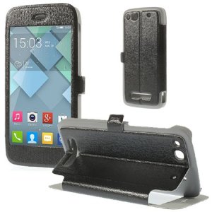 CUSTODIA FLIP ORIZZONTALE PELLE per ALCATEL ONE TOUCH IDOL ALPHA 6032, S860 CON FINESTRA GRANDE E STAND COLORE NERO