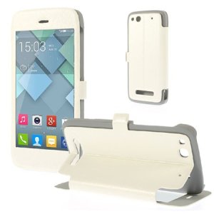 CUSTODIA FLIP ORIZZONTALE PELLE per ALCATEL ONE TOUCH IDOL ALPHA 6032, S860 CON FINESTRA GRANDE E STAND COLORE BIANCO