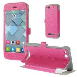 CUSTODIA FLIP ORIZZONTALE PELLE per ALCATEL ONE TOUCH IDOL ALPHA 6032, S860 CON FINESTRA GRANDE E STAND COLORE ROSA