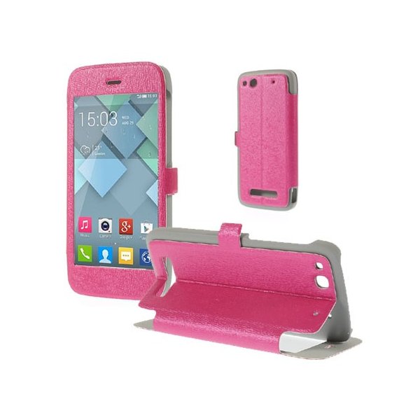 CUSTODIA FLIP ORIZZONTALE PELLE per ALCATEL ONE TOUCH IDOL ALPHA 6032, S860 CON FINESTRA GRANDE E STAND COLORE ROSA