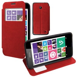 CUSTODIA FLIP ORIZZONTALE PELLE per NOKIA LUMIA 630 CON FINESTRA ID ED INTERNO IN TPU SILICONE COLORE ROSSO