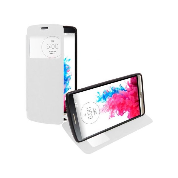 CUSTODIA FLIP ORIZZONTALE PELLE per LG G3 D850, D855, LS990 CON FINESTRA ID ED INTERNO IN TPU SILICONE COLORE BIANCO